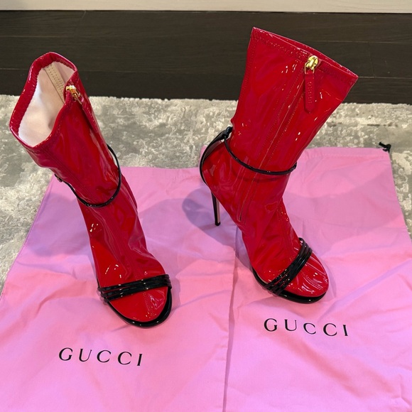 Gucci Shoes - Gucci Red Patent Leather Open-Toe Stiletto Boots with Black Trim